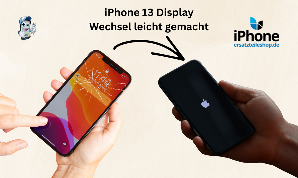 2 iPhones, eines hat einen Kaputten Display, dass andere wurde repariert und wird in einer Hand gehalten. 